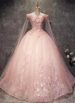 Picture of Pink Long Tulle with Lace Applique Ball Gown Sweet 16 Dress, Pink Formal Dress